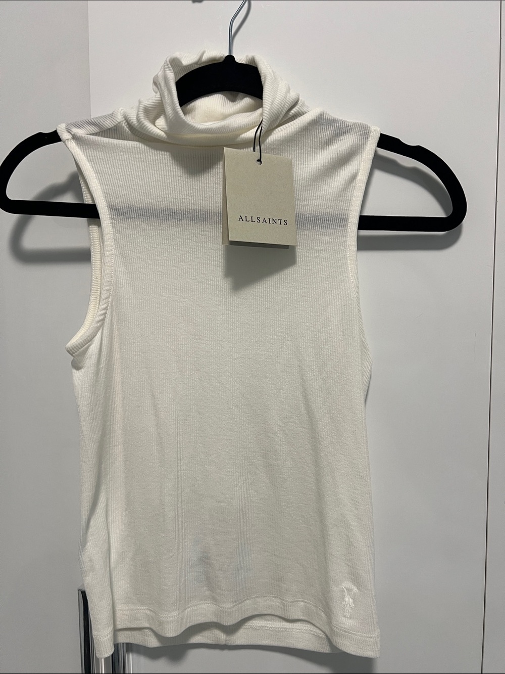 All Saints Cream Ribbed Sleeveless Mock Neck Top